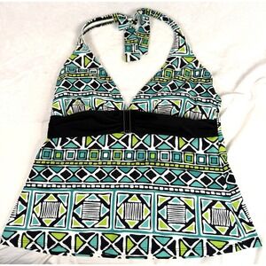 2Bamboo Tankini Top XL 38B/C Geo Print Halter Blue Green Swim Resort Vacation